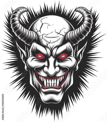 Dark Gothic Demon Face Vector Illustration – Evil Monster with Glowing Red Eyes, Jagged Teeth, Horns and Shadowy Details – Horror Design for T-Shirts, Posters, and Fantasy Art , transparent vector