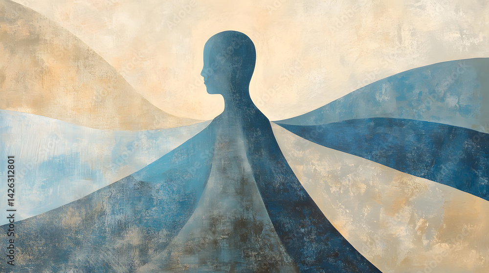 Abstract figure rising from tranquil geometric landscape in soft powder blue and beige tones, expressing psychological balance, emotional clarity, inner peace in wellness-inspired setting