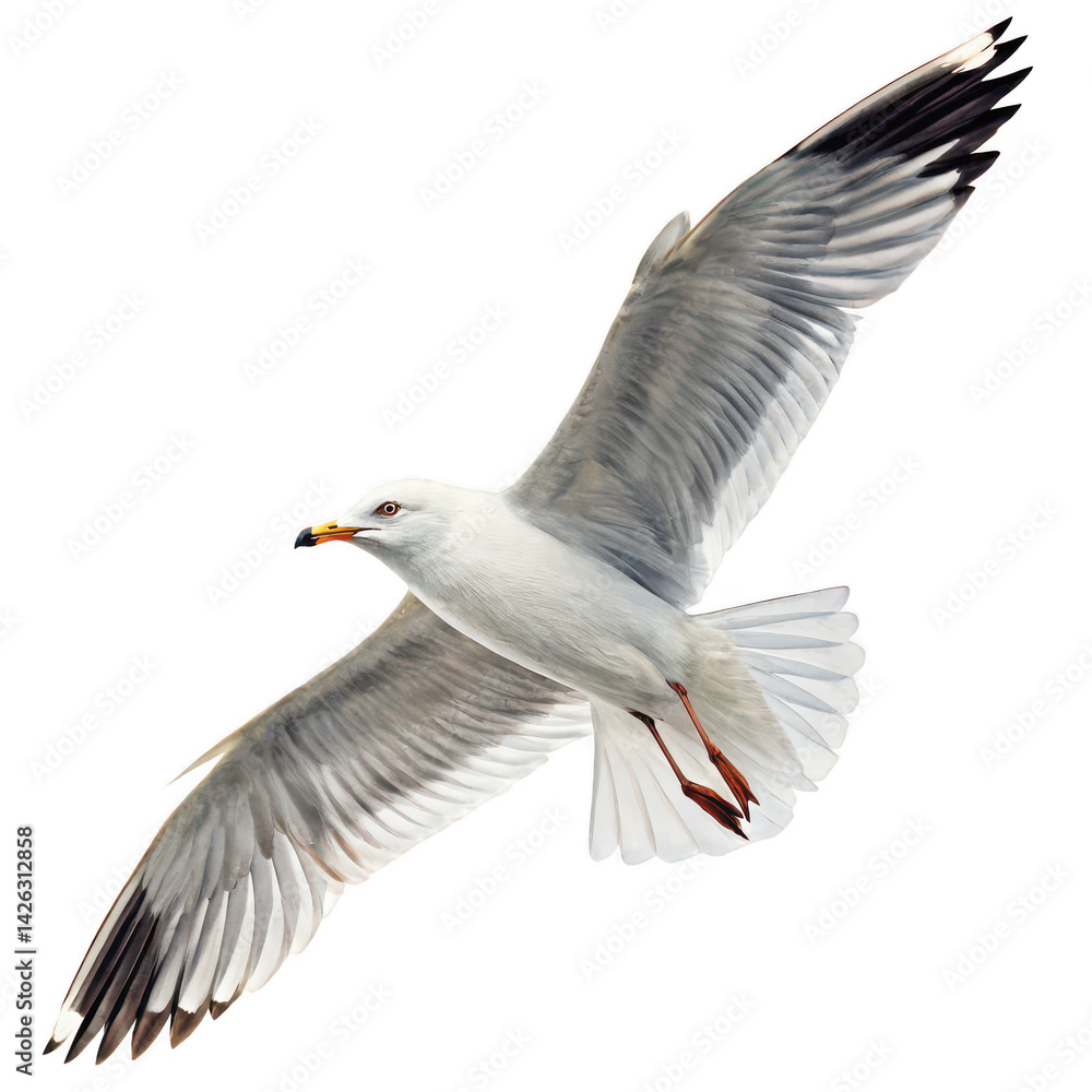 Fototapeta premium Flying seagull png bird in flight png coastal seabird png white background image