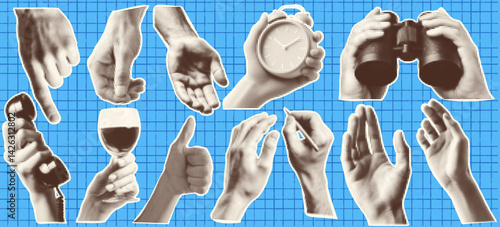 Set of collage elements with hands with alarm clock and retro phone and wine glass and binoculars. Vector kit at the blue checkered bg