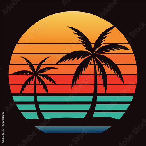 A tropical beach sunset silhouettes a lone figure near palm trees under a vibrant summer sky