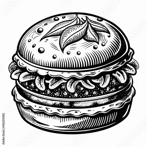 Vintage Black and White Hand Drawn Burger Illustration for Retro Food Designs
