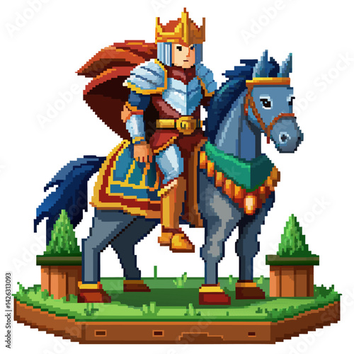 Pixel Art Knight on Horseback with Majestic Crown in Fantasy Setting