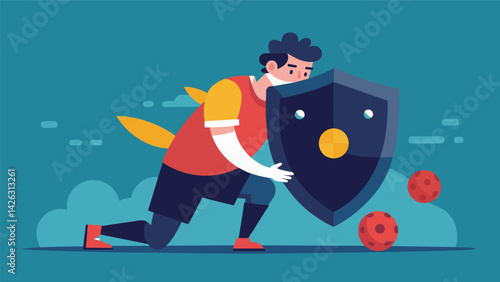 A player strategically hiding behind a teammate using them as a shield from the onslaught of dodgeballs.. Vector illustration
