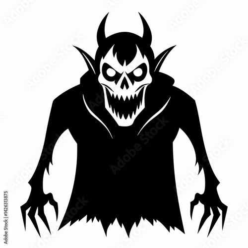 Sinister Hooded Skeleton with Horns and Claws in Black and White Illustration