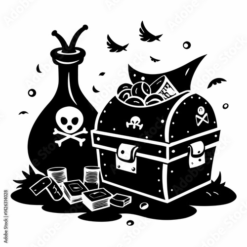 Pirate Treasure Chest with Gold Coins, Mysterious Potion and Flying Birds