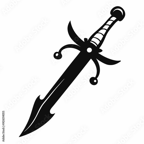 Elegant Black and White Sword Illustration with Curved Blade Design