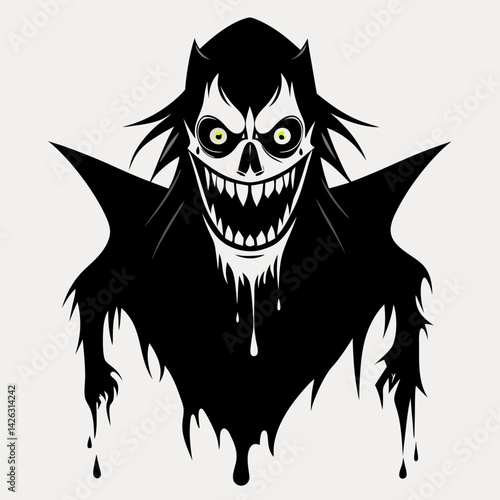 Spooky Skeleton Creature Illustration with Evil Grin and Dripping Cloak