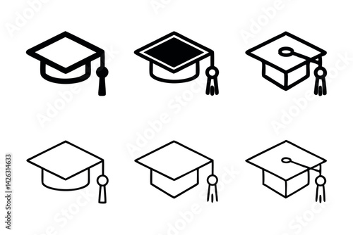 Graduation cap with tassel symbolizing academic achievement in simple line art icon set