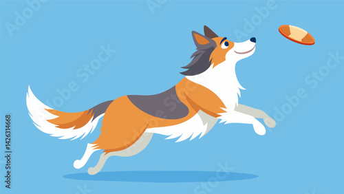 A Shetland sheepdog gracefully catches the frisbee just inches above the ground impressing the judges with its dexterity.. Vector illustration