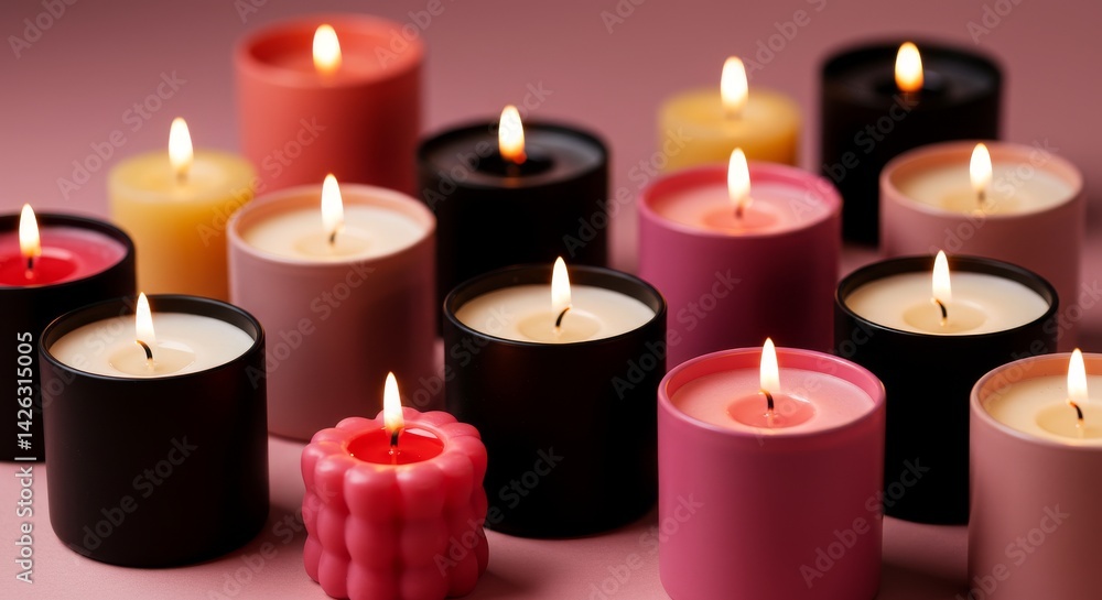 Scented Candles Arrangement - A collection of various colored candles burning softly on a pink background. Perfect for relaxation, spa, or home decor Scented Candles Arrangement - A collection of various colored candles burning softly on a pink background. Perfect for relaxation, spa, or home decor