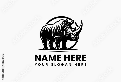 Detailed rhino line art with contour shading, premium logo template for safari companies and luxury brands