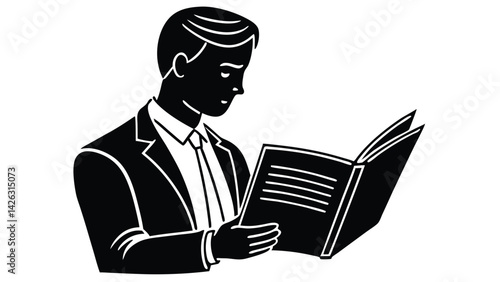 Businessman reading a book black and white vector illustration study or work