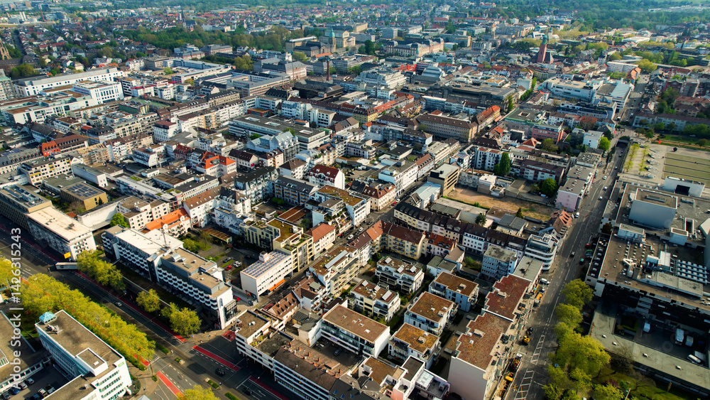 An aerial panorama view around the old town of the city Darmstadt in Germany on a sunny spring day.