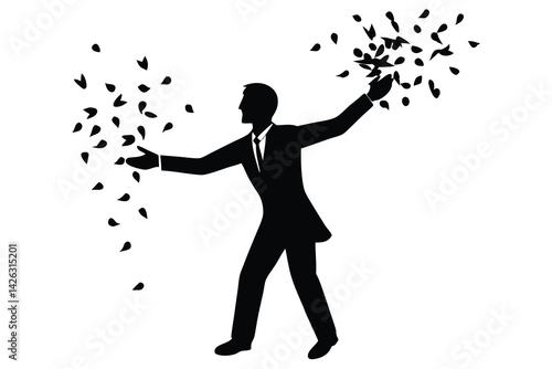 Businessman silhouette scattering confetti represents celebration success achievement and financial prosperity