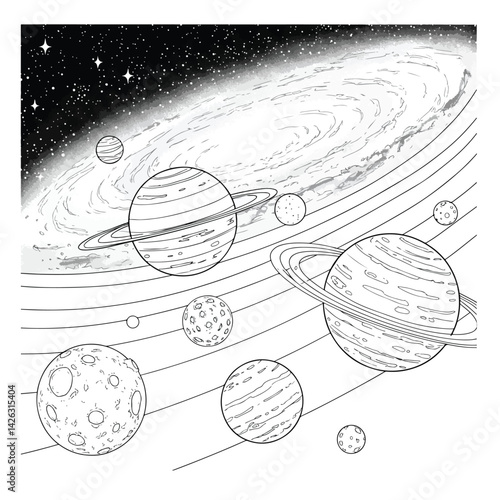 Solar System & Planets Line Art Illustration