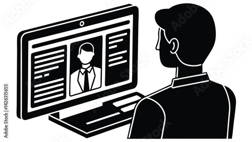 Man in silhouette views a virtual job applicant on a desktop computer screen