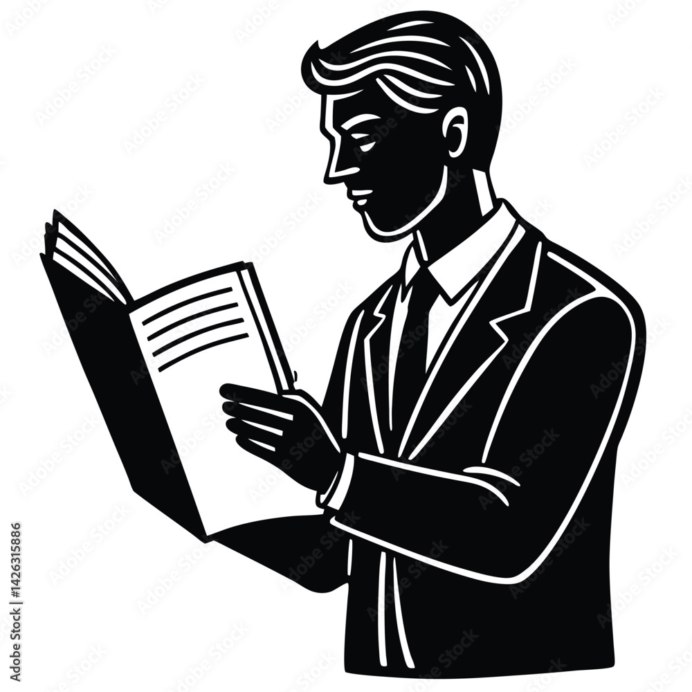 Monochrome illustration of elegant man reading a book in business suit Monochrome illustration of elegant man reading a book in business suit