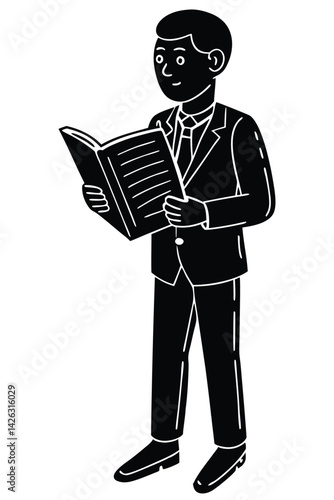 Silhouette of a businessman reading a book,black and white vector illustration