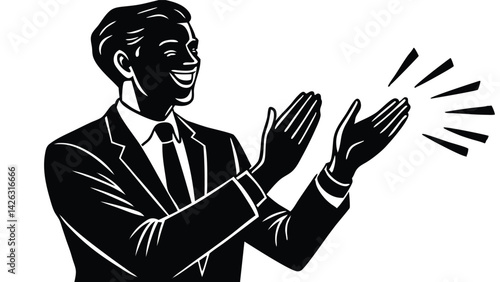 Vector illustration of a smiling man in suit applauding hands celebration