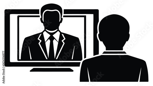 Black and white illustration of online meeting or video conference with business professional