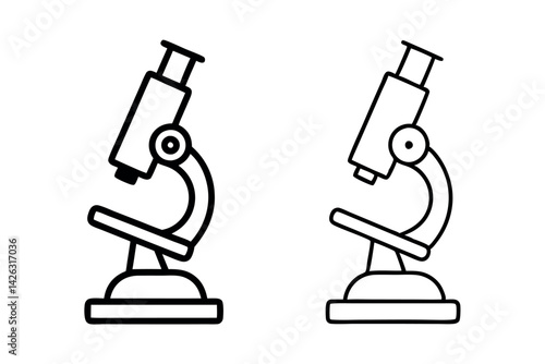 Line Art Icon Set Collection of Microscope Symbols in Black Outline on Transparent Background, Ideal for Educational and Laboratory Content.