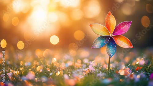 A rainbow pinwheel spins in a sunlit field with floating confetti, celebrating joy and childhood wonder on International Children's Day.

