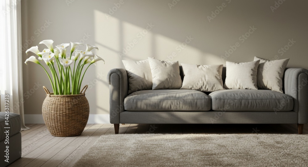 Naklejka premium Serene Living Room Calla Lily Arrangement - Peaceful living room interior design featuring a grey sofa, soft rug, natural light