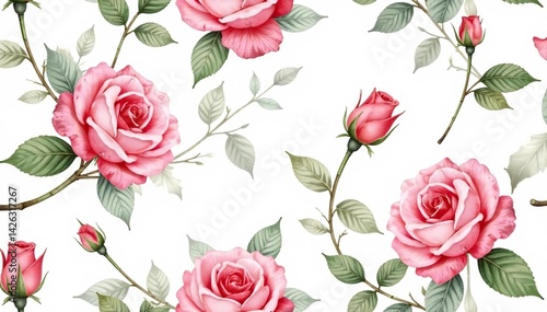 Delicate watercolor roses, leaves & buds, seamless repeat, design, graphic, pretty