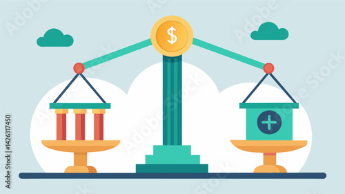 A simple illustration of a scale with one side representing multiple loans and the other side representing a consolidated loan showing how the weight. Vector illustration