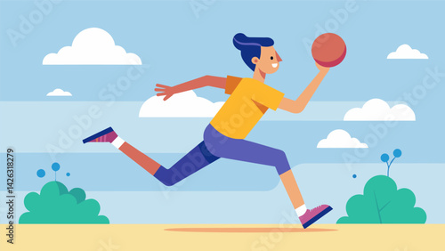 A player gracefully leaping over a ball thrown at their feet in a playground game of dodgeball.. Vector illustration