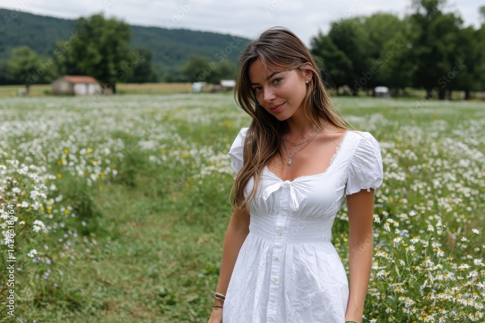 A charming woman poses confidently in a lush flower field, celebrating nature's bounty while embodying grace and beauty in a serene and picturesque setting. A charming woman poses confidently in a lush flower field, celebrating nature's bounty while embodying grace and beauty in a serene and picturesque setting.