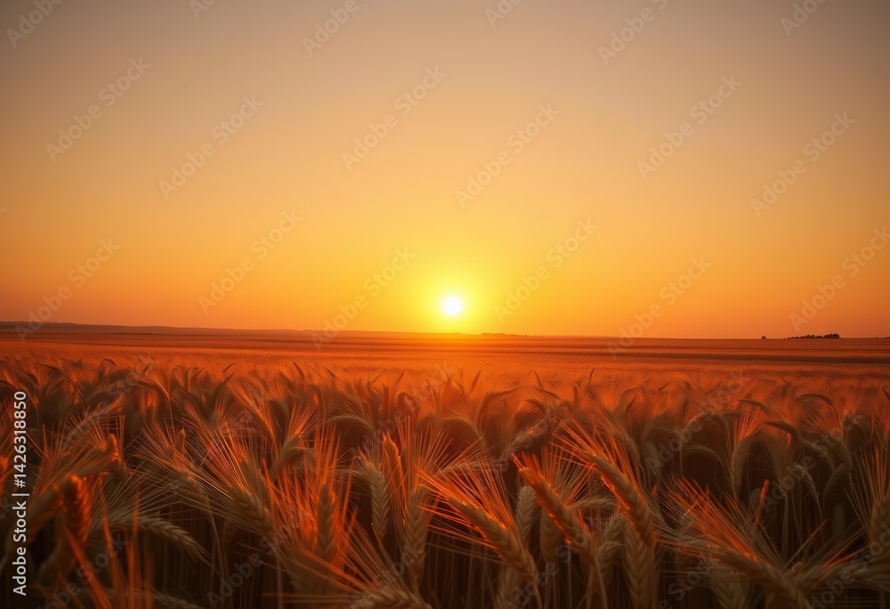 Fototapeta premium Golden hour sun dips below horizon, casting long shadows across a vast, ripe wheat field, harvest, landscape