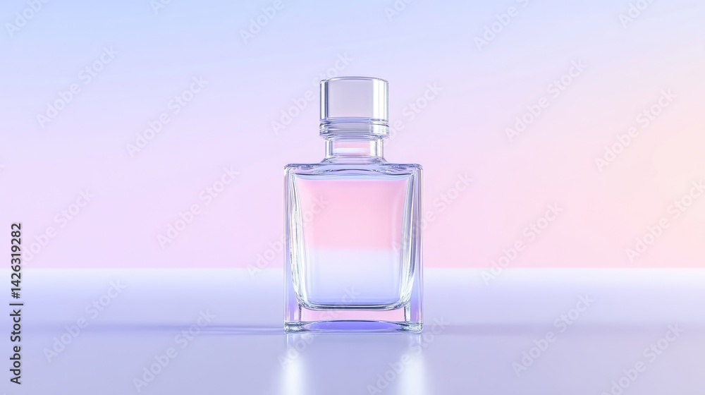 A clear glass perfume bottle with a reflective surface on a gradient pastel background, showcasing elegance and minimalism, and product display concept. A clear glass perfume bottle with a reflective surface on a gradient pastel background, showcasing elegance and minimalism, and product display concept.