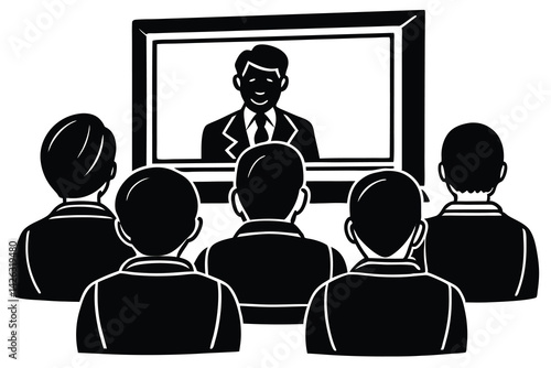 Video conference meeting illustration of professionals attending a presentation online in monochrome