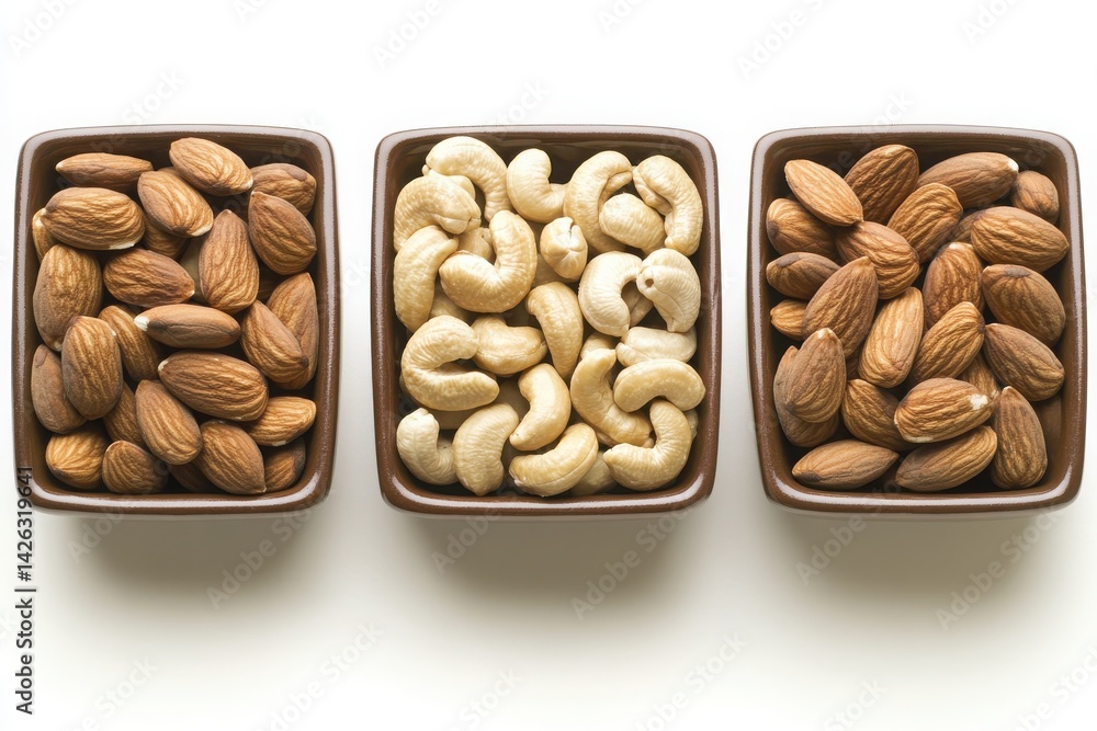Three square bowls filled with nuts and cashews on white background Three square bowls filled with nuts and cashews on white background