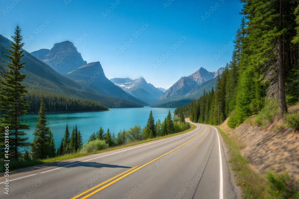 Naklejka premium A clear lake surrounded by green mountains, viewed from a smooth asphalt road under a bright blue sky. (Background)