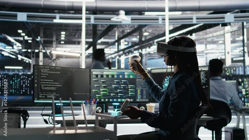 Data center technician using virtual reality tech and node tree software to analyze datasets. Server room expert using visual programming tools and VR equipment to improve gear performance, camera A Data center technician using virtual reality tech and node tree software to analyze datasets. Server room expert using visual programming tools and VR equipment to improve gear performance, camera A
