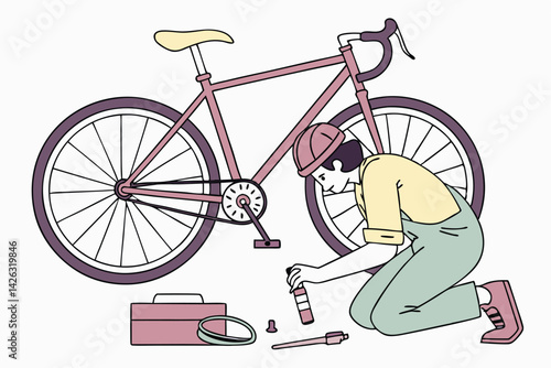 Bicycle repair illustration mechanic fixing bike cycle maintenance and service tools