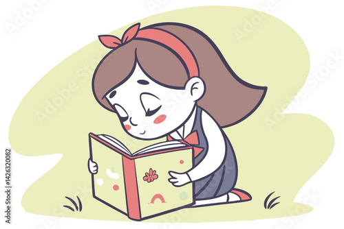Cute girl reading a book outdoors education and imagination vector illustration