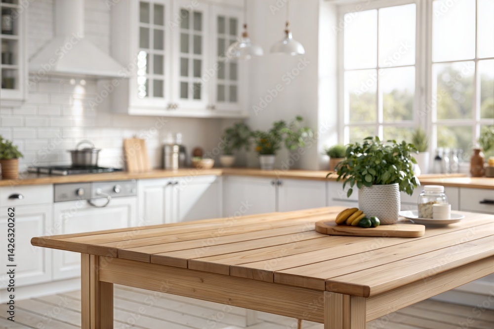 Empty wooden table with a bright, modern kitchen in the blurred background, ideal for product presentation. (Background) Empty wooden table with a bright, modern kitchen in the blurred background, ideal for product presentation. (Background)