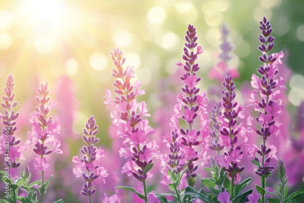 Naklejka premium Bright purple flowers bloom under soft sunlight in a tranquil garden setting during springtime