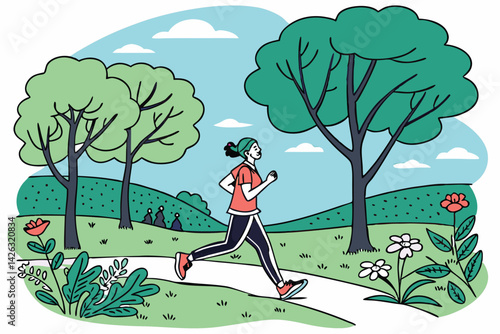 Woman jogging in the park flat vector illustration fitness lifestyle