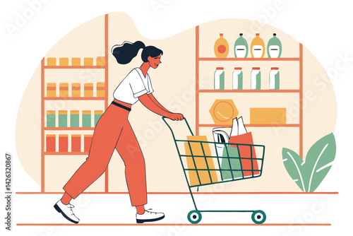 Woman pushing shopping cart in grocery store aisle vector illustration