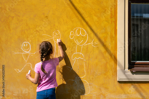 A child draws smiling stick figures with chalk on a yellow wall beside a window, expressing creativity and joy.