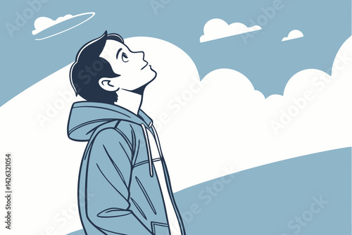 Young man looking upward at clouds in blue sky dreamy illustration