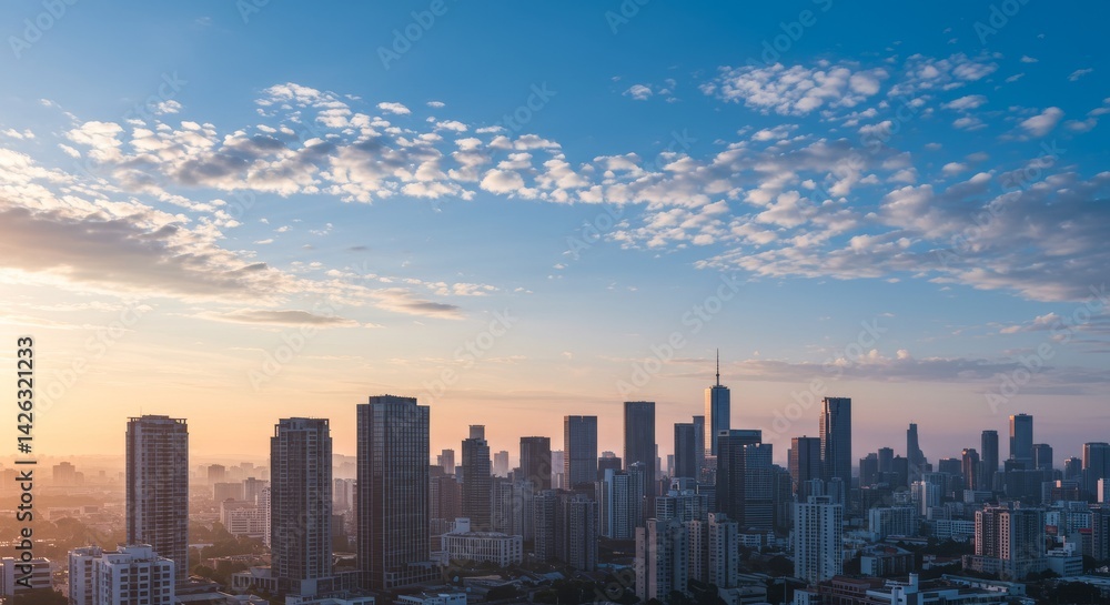 Obraz premium Skyline Sunrise Urban Landscape - A vibrant sunrise paints the sky above a sprawling cityscape. The symbolizes urban growth, opportunity, hope