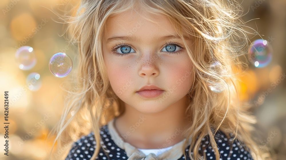A charming little blonde - haired girl with blue eyes, dressed in an elegant navy polka - dot dress with white dots and a light grey tie around her neck, stands in a sunlit meadow. A charming little blonde - haired girl with blue eyes, dressed in an elegant navy polka - dot dress with white dots and a light grey tie around her neck, stands in a sunlit meadow.
