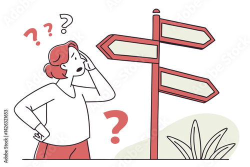 Confused woman at a crossroads seeking direction with question marks illustration