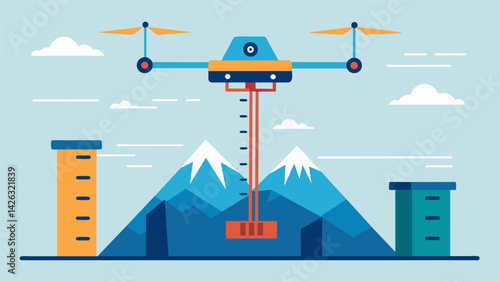 Flying at a steady height the drone scans the entire site providing accurate measurements of the area.. Vector illustration
